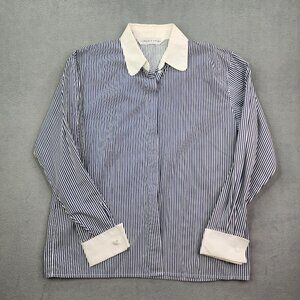 Carlie's Court Hidden Button Shirt Size 12 Blue Pinstriped Long Sleeve Top